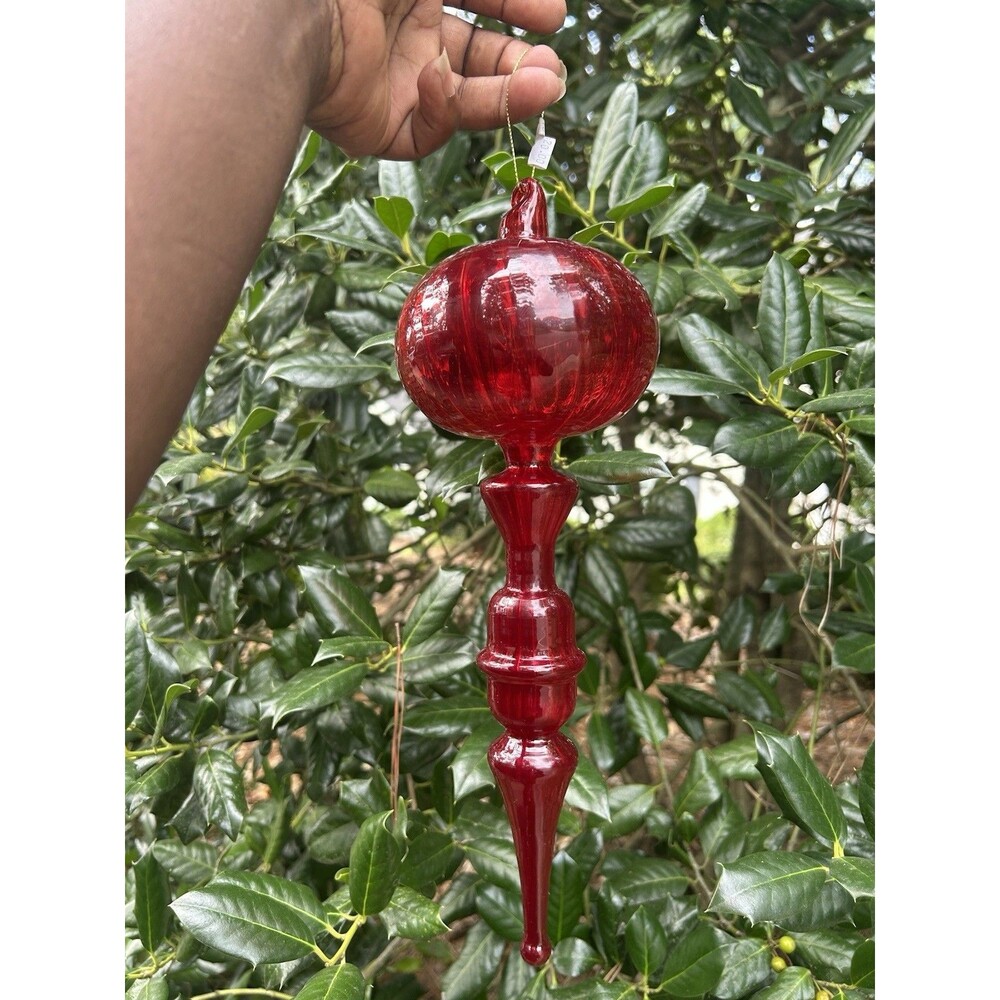 Red Twisted Spire Holiday Christmas Tree Glass Ornament 12" Hanging Decor